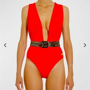 Balmain Belted Draped Swimsuit with Belt